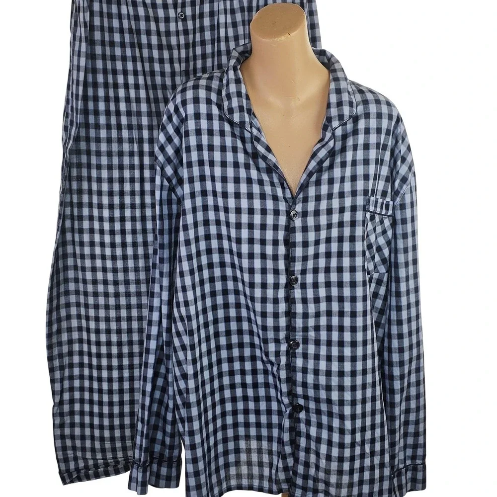 Hanes Pajama Set‎ Mens 2XL Blue Black Check Button Front Sleepwear Lounge Casual